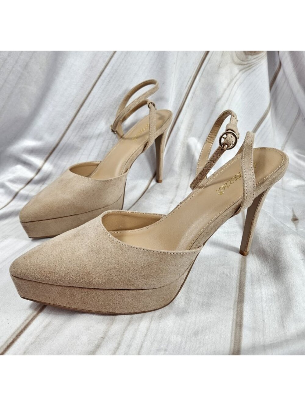 Shoedazzle Ankle Strap Platform High Heels Size 10 Faux Suede Light Brown Formal